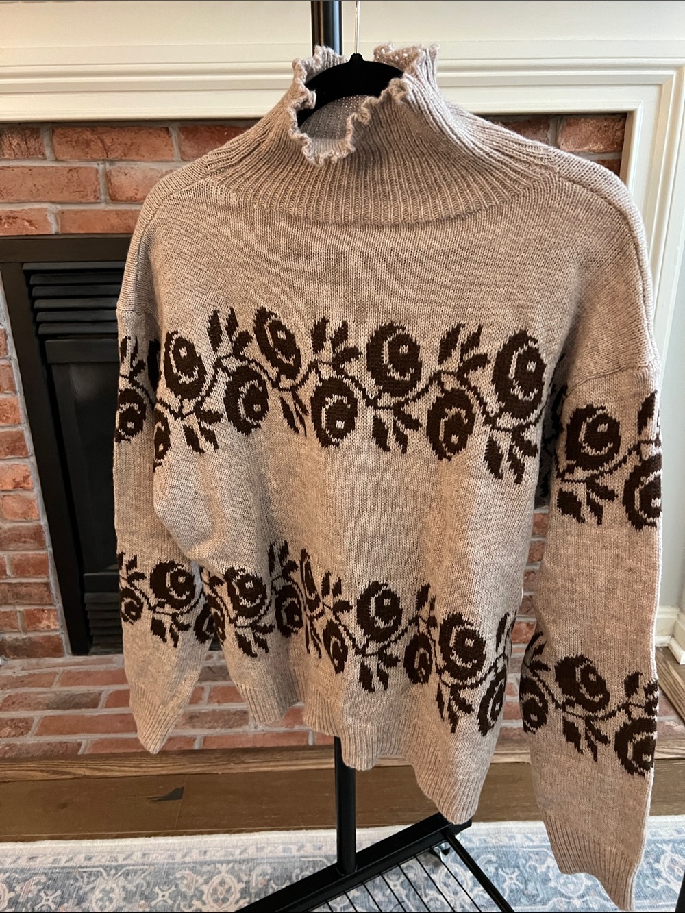 SHEIN Taupe Mock Neck Floral Jacquard Sweater